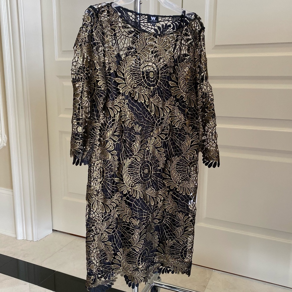 NEW -W by Worth, Size 12, Black & Gold Lace Dress with black liner